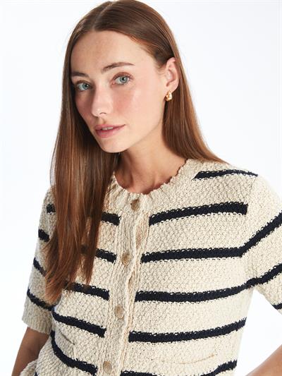 Prato - Lacivert Çizgili Triko Kısa Kollu Hırka - Lacivert-Ekru