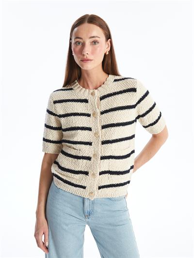 Prato - Lacivert Çizgili Triko Kısa Kollu Hırka - Lacivert-Ekru