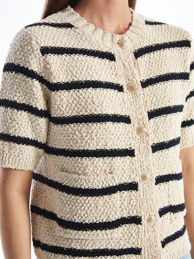 Prato - Lacivert Çizgili Triko Kısa Kollu Hırka - Lacivert-Ekru