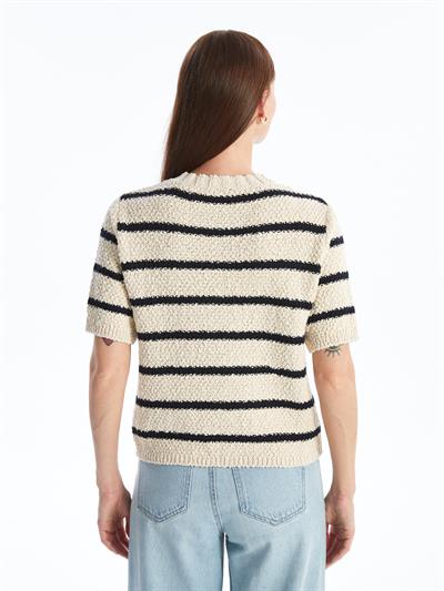 Prato - Lacivert Çizgili Triko Kısa Kollu Hırka - Lacivert-Ekru