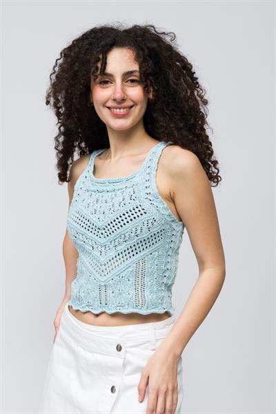 Rabat - Örgü Detaylı Kolsuz Triko Bluz - Mavi Renk