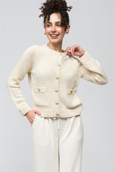 Ravello - Düz Düğme ve Cep Detaylı Triko Hırka - Ekru Renk