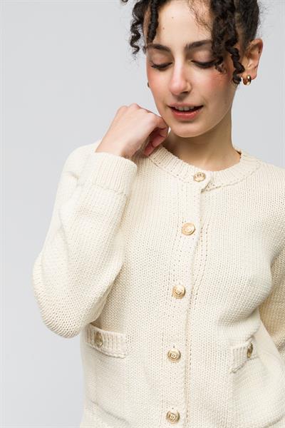 Ravello - Düz Düğme ve Cep Detaylı Triko Hırka - Ekru Renk