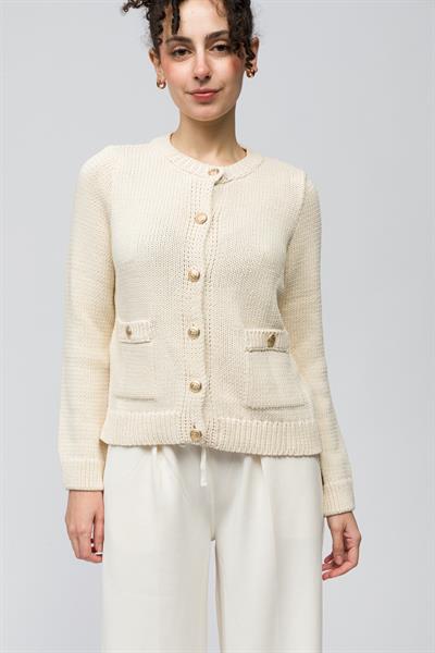 Ravello - Düz Düğme ve Cep Detaylı Triko Hırka - Ekru Renk