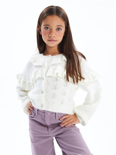 Romantic - Bisiklet Yaka Önünde Fırfır Detaylı Triko Hırka - Ekru Renk