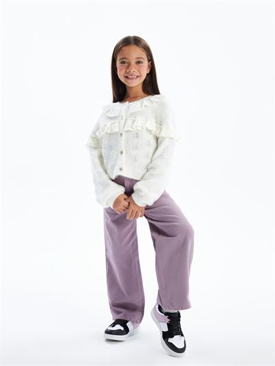 Romantic - Bisiklet Yaka Önünde Fırfır Detaylı Triko Hırka - Ekru Renk