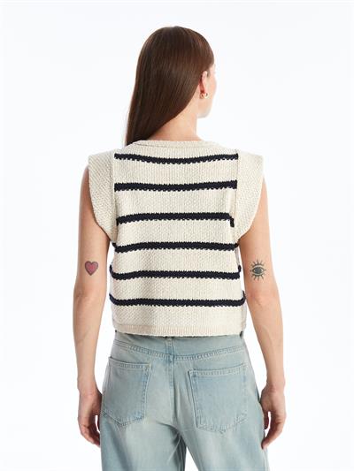 Savona - Lacivert Çizgili Triko Kolsuz Hırka - Lacivert-Ekru