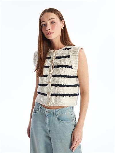 Savona - Lacivert Çizgili Triko Kolsuz Hırka - Lacivert-Ekru
