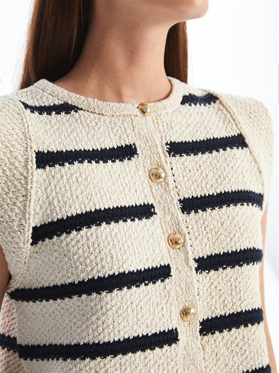 Savona - Lacivert Çizgili Triko Kolsuz Hırka - Lacivert-Ekru