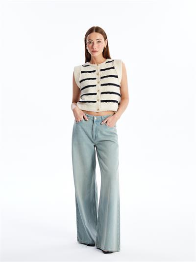 Savona - Lacivert Çizgili Triko Kolsuz Hırka - Lacivert-Ekru