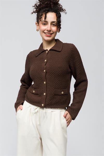 Seul - Gömlek Yaka Cep Detaylı Triko Hırka - Kahverengi Renk