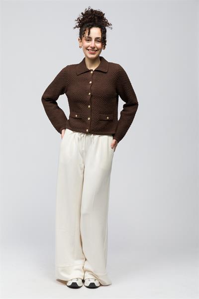 Seul - Gömlek Yaka Cep Detaylı Triko Hırka - Kahverengi Renk