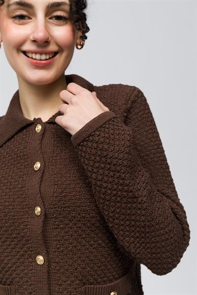 Seul - Gömlek Yaka Cep Detaylı Triko Hırka - Kahverengi Renk