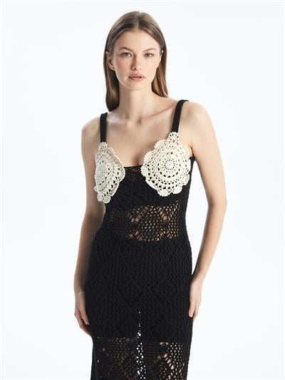 Siena - Örgü ve Çiçek Detaylı Askılı Astarsı Elbise - Siyah Renk