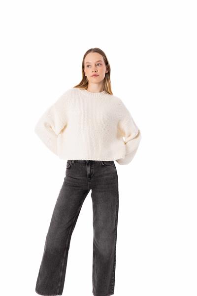 Sofya - Düz Bisiklet Yaka Triko Kazak - Ekru Renk