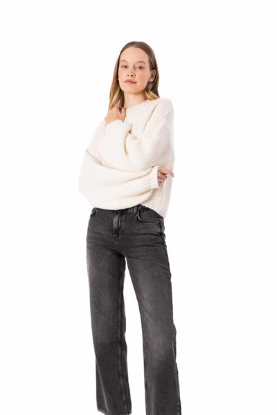 Sofya - Düz Bisiklet Yaka Triko Kazak - Ekru Renk