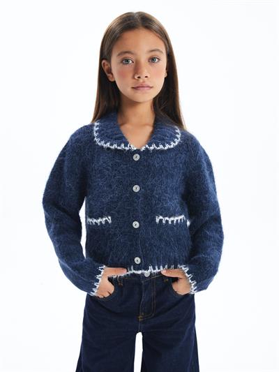 Stıtch - Gömlek Yaka Cep Detaylı Triko Hırka - Lacivert Renk