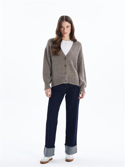 Stk3 - Düz Regular Fit Klasik Düğmeli Triko Hırka - Bej Renk