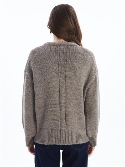 Stk3 - Düz Regular Fit Klasik Düğmeli Triko Hırka - Bej Renk