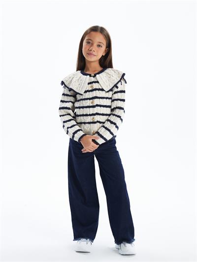 Stripe Cable - Çizgili Gömlek Yaka ve Düğme Detaylı Triko Hırka - Lacivert-Ekru Renk