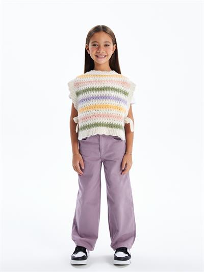 Stripe Vest - Çizgili Yanları Bağlama Detaylı Triko Süveter - Ekru Stripe Renk