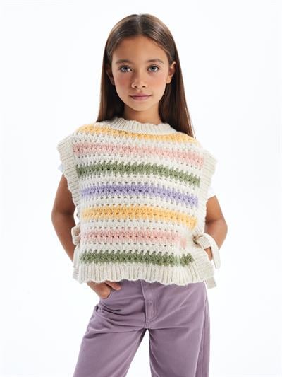 Stripe Vest - Çizgili Yanları Bağlama Detaylı Triko Süveter - Ekru Stripe Renk