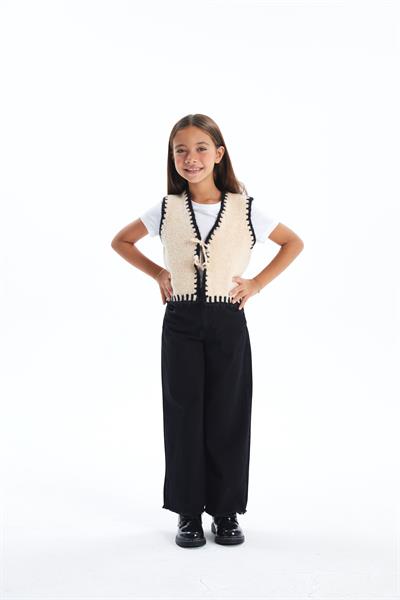 Tipping Vest - Önü Fiyonk Detaylı Triko Yelek - Ekru-Siyah Renk