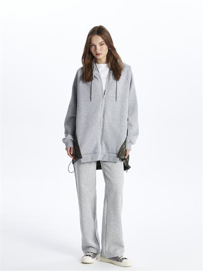 Tokyo- Fermuarlı Kapuşonlu Uzun Kol Parçalı Sweatshirt- Gri-Haki