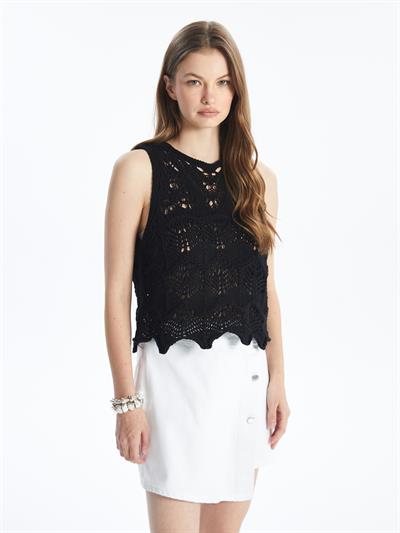 Torina - Örgü Detaylı Kolsuz Triko Bluz - Siyah