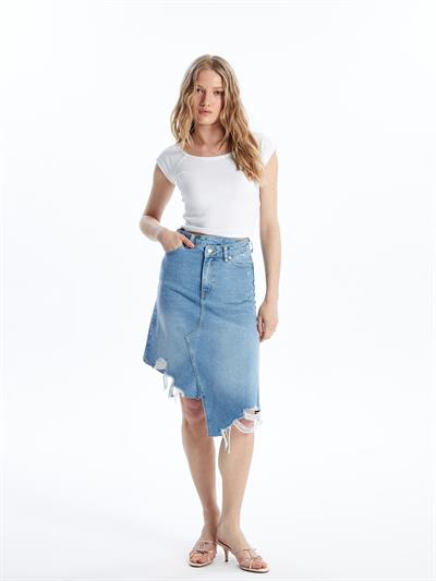 Udine - Denim Asimetrik Kesim Paçası Dikişsiz Etek - Mid