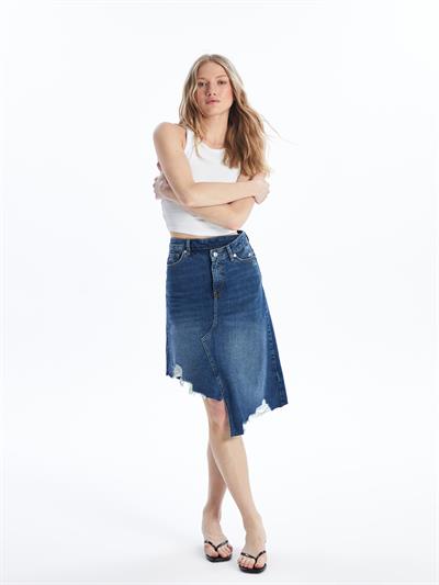 Udine - Denim Asimetrik Kesim Paçası Dikişsiz Etek - Mid Dark