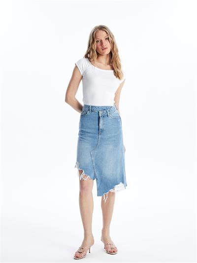 Udine - Denim Asimetrik Kesim Paçası Dikişsiz Etek - Mid