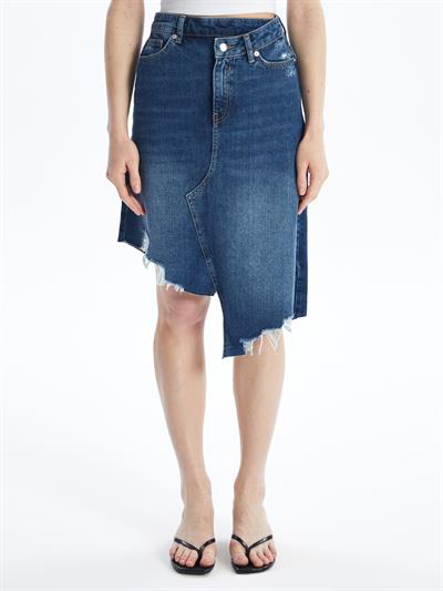 Udine - Denim Asimetrik Kesim Paçası Dikişsiz Etek - Mid Dark
