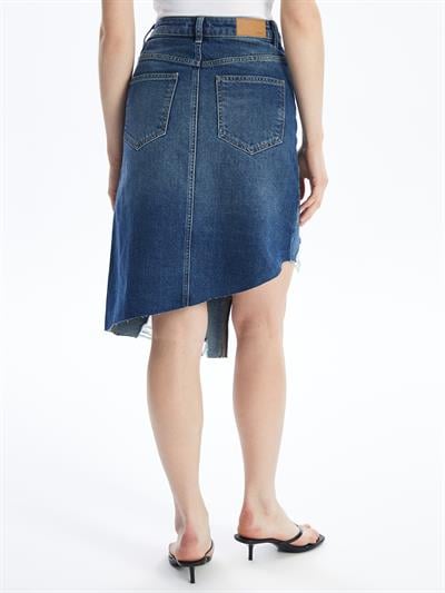 Udine - Denim Asimetrik Kesim Paçası Dikişsiz Etek - Mid Dark