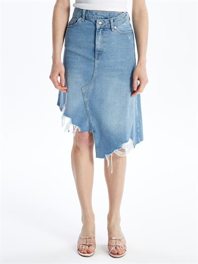 Udine - Denim Asimetrik Kesim Paçası Dikişsiz Etek - Mid