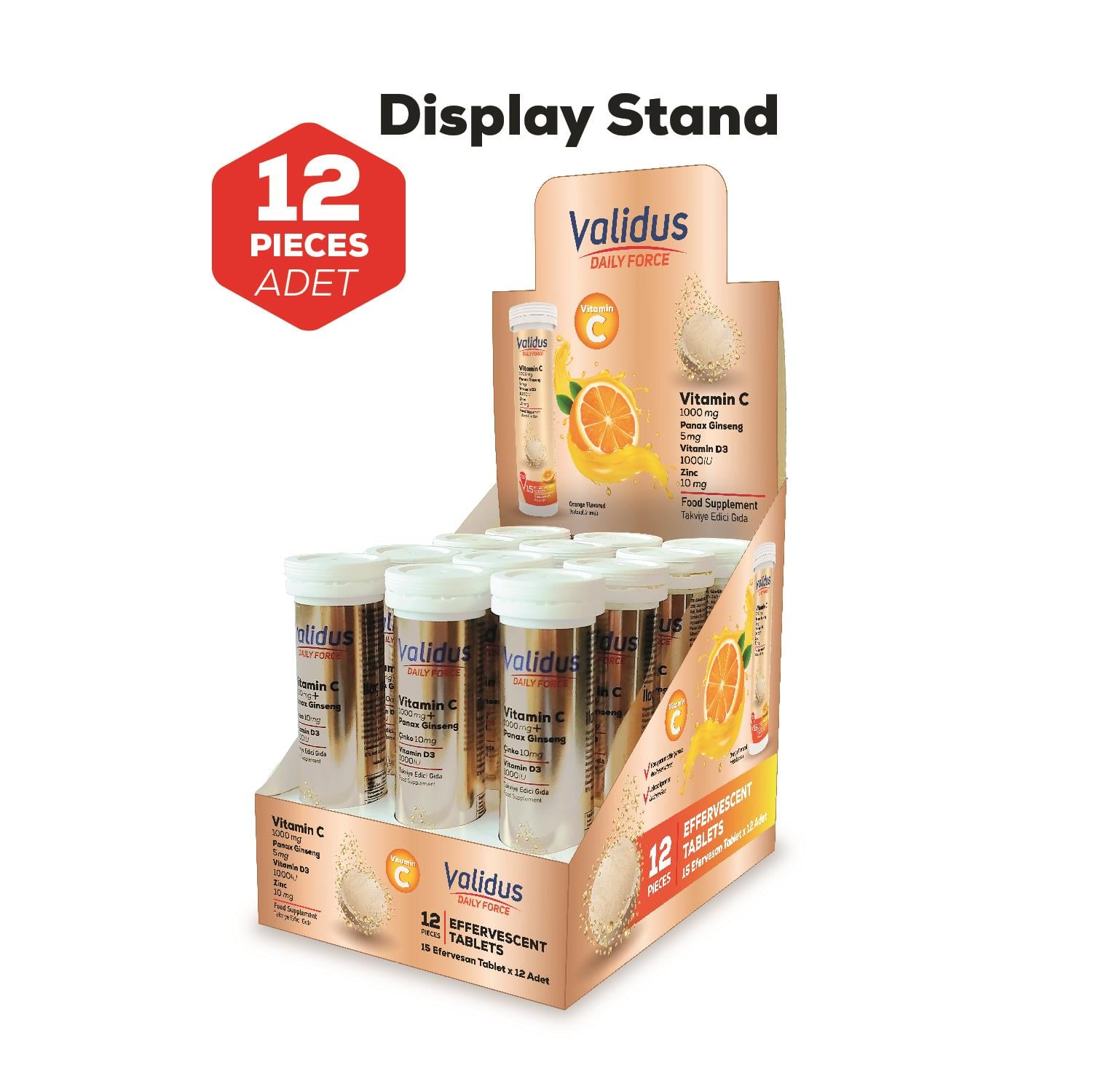 Validus Daily Force Vitamin C + Panax Ginseng + Zinc + Vitamin D3 15 Effervescent Tablets 12 Stand