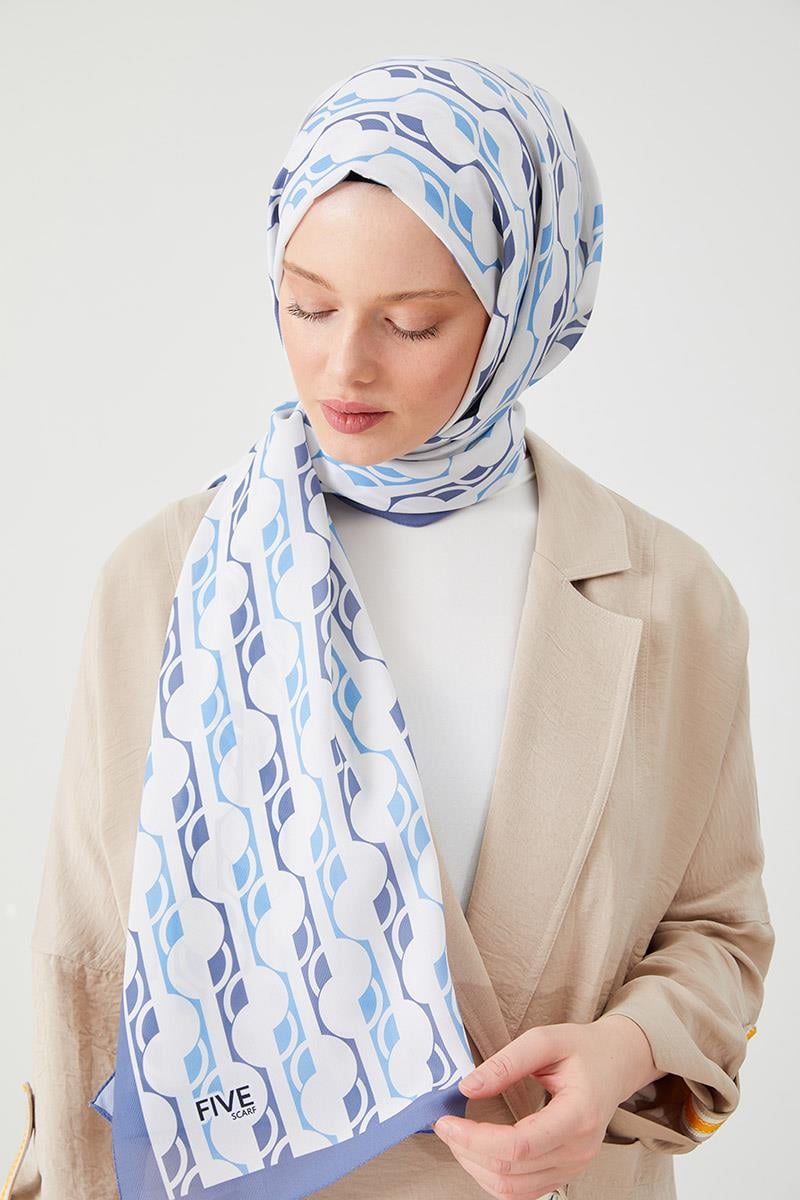 Fivescarf Kot Mavi Yuvarlak Desen Violet Medine İpeği Şal