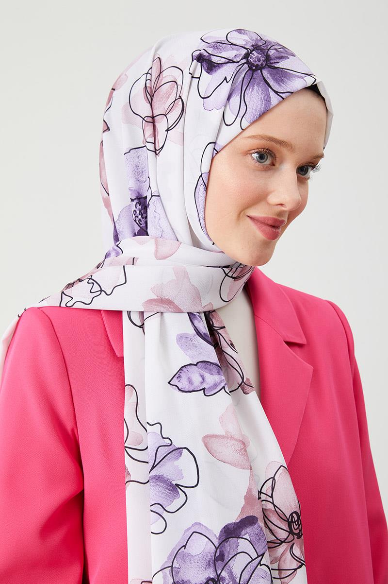 Fivescarf Lila Gül Desen Violet Medine İpeği Şal