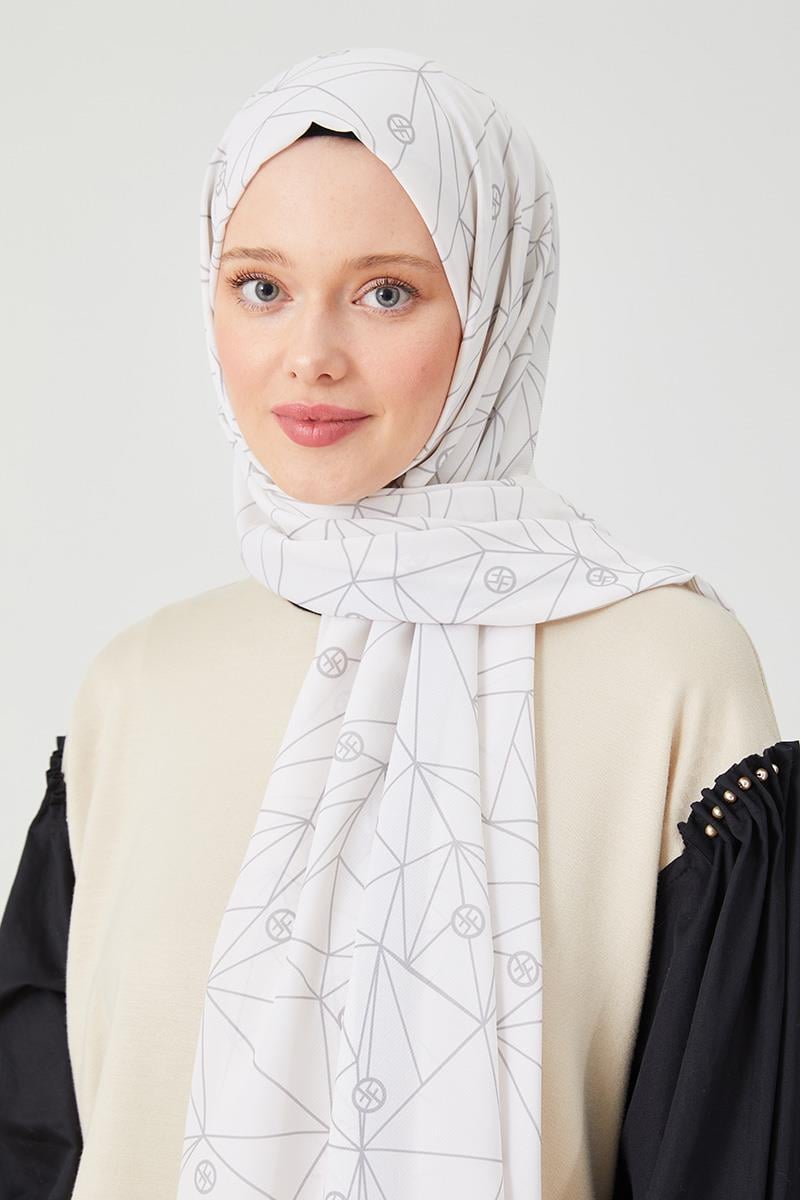 Fivescarf Melanj Gri Geometrik Desen Violet Medine İpeği Şal