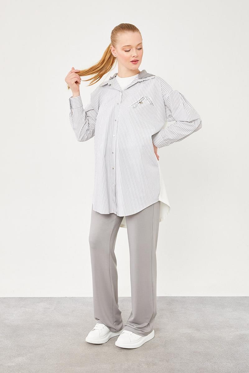 Levidor Studio Gri Kapüşonlu Poplin Kumaş Karışımlı Spor Takım