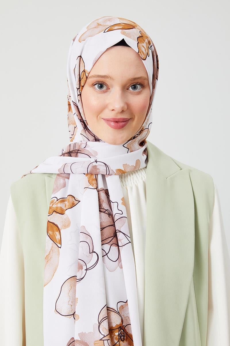 Fivescarf Ekru Gül Desen Violet Medine İpeği Şal