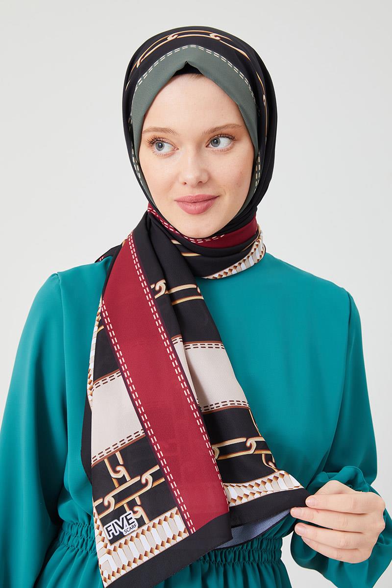 Fivescarf Haki Zincir Desen Violet Medine İpeği Şal