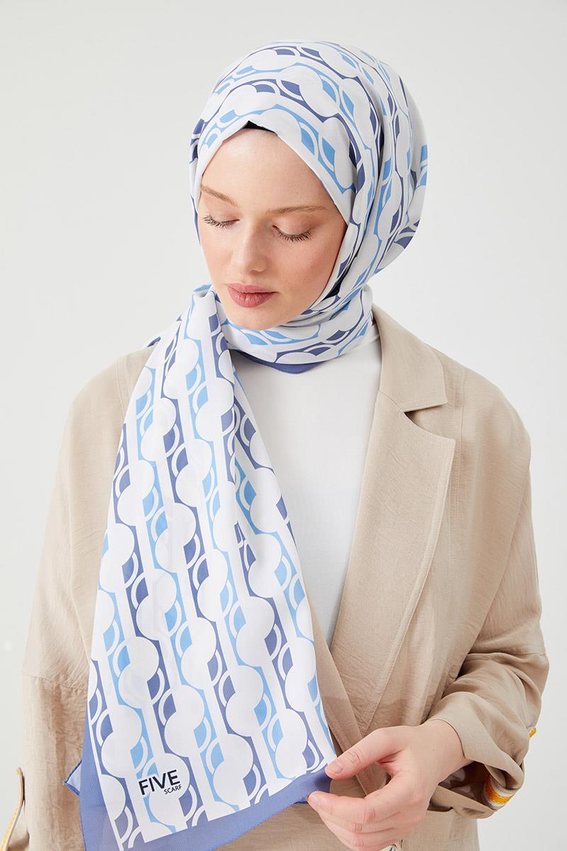 Fivescarf Kot Mavi Yuvarlak Desen Violet Medine İpeği Şal