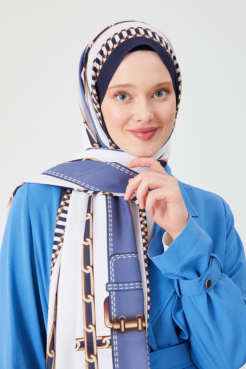 Fivescarf Lacivert Zincir Desen Violet Medine İpeği Şal