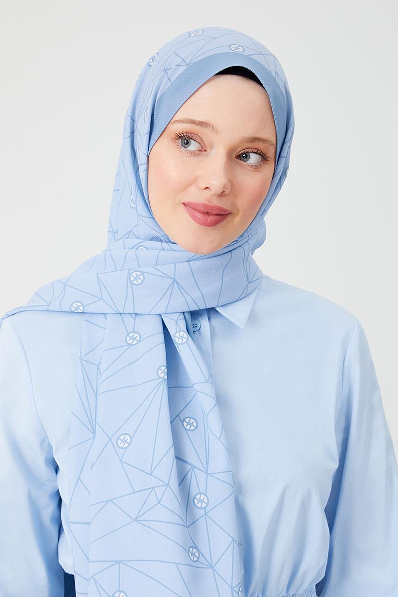 Fivescarf Mavi Geometrik Desen Violet Medine İpeği Şal
