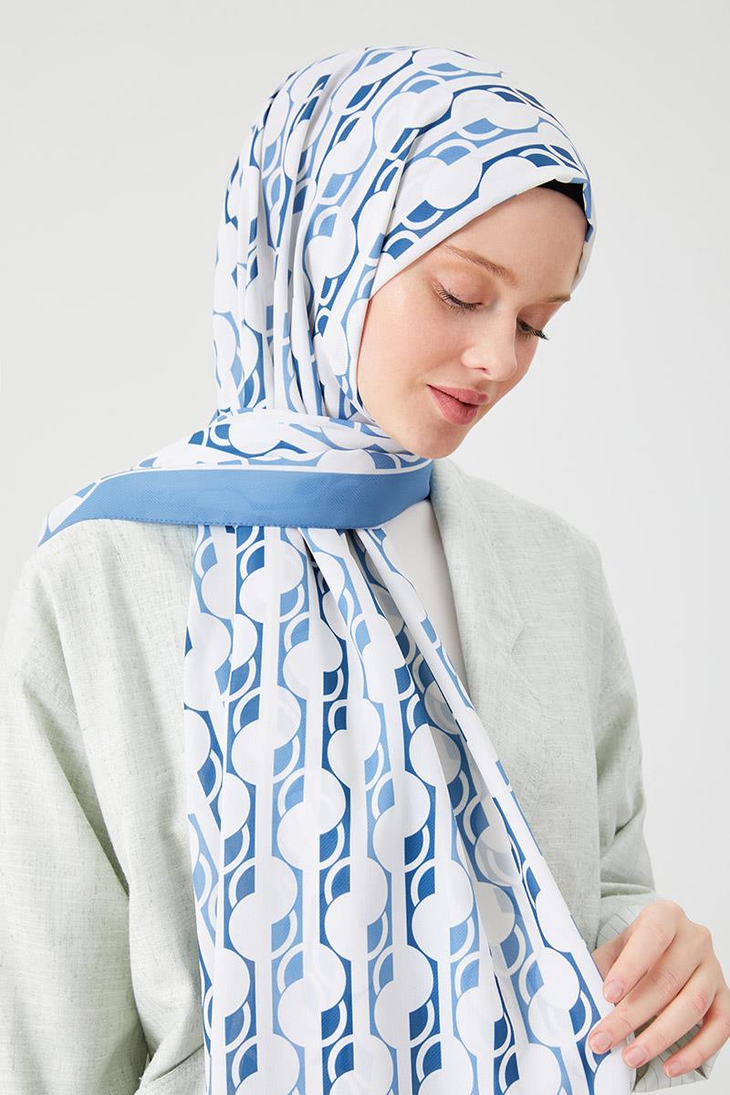 Fivescarf Mavi Yuvarlak Desen Violet Medine İpeği Şal