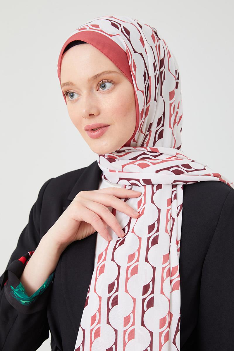 Fivescarf Şeftali Yuvarlak Desen Violet Medine İpeği Şal