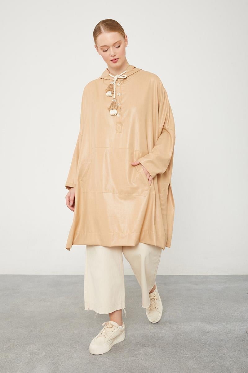 Levidor Camel Kanguru Çepli Parlak Kumaş Tunik