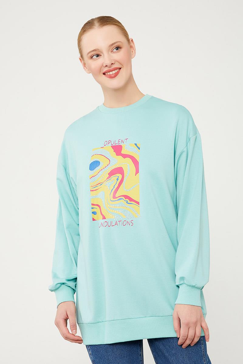 Levidor Mint Yeşili Bisiklet Yaka Taş Baskılı Sweat
