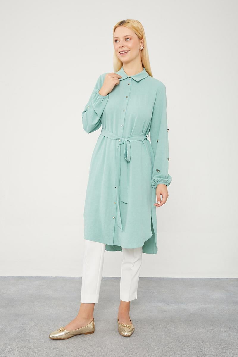 Levidor Mint Yeşili Kolları Taşlı Tunik